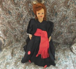11'' ITALIAN ORIGINAL FLOCK FACE CLOTH DOLL, BLACK GOWN PINK SASH